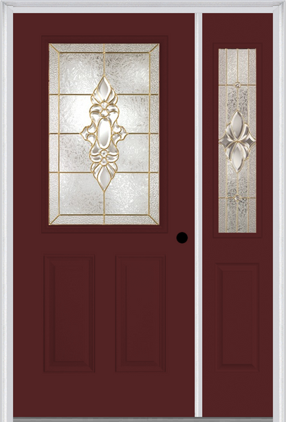 MMI 1/2 LITE 2 PANEL 6'8" FIBERGLASS SMOOTH HEIRLOOMS BRASS OR HEIRLOOMS SATIN NICKEL EXTERIOR PREHUNG DOOR WITH 1 HALF LITE HEIRLOOMS BRASS/SATIN NICKEL DECORATIVE GLASS SIDELIGHT 684