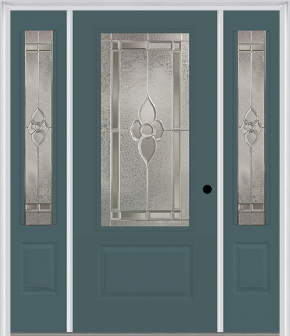 MMI 3/4 LITE 1 PANEL 6'8" FIBERGLASS SMOOTH NOUVEAU BRASS, NOUVEAU NICKEL, OR NOUVEAU PATINA EXTERIOR PREHUNG DOOR WITH 2 NOUVEAU BRASS/NICKEL/PATINA 3/4 LITE DECORATIVE GLASS SIDELIGHTS 608