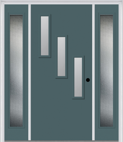 MMI 3 LITE VERTICAL HINGE/STOP SIDE 3'0" X 6'8" FIBERGLASS SMOOTH CLEAR OR FROSTED GLASS EXTERIOR PREHUNG DOOR WITH 2 CRAFTSMAN FULL LITE LOW-E SIDELIGHTS 842V3H OR 842V3S