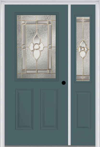 MMI 1/2 LITE 2 PANEL 6'8" FIBERGLASS SMOOTH NOUVEAU BRASS, NOUVEAU NICKEL, OR NOUVEAU PATINA EXTERIOR PREHUNG DOOR WITH 1 HALF LITE NOUVEAU BRASS/NICKEL/PATINA DECORATIVE GLASS SIDELIGHT 684