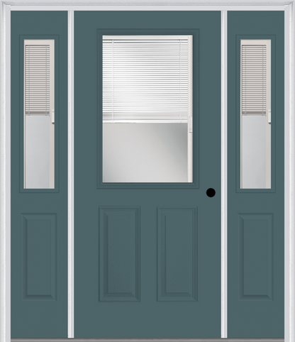 MMI 1/2 LITE 2 PANEL RAISE/LOWER BLINDS 3'0" X 6'8" FIBERGLASS SMOOTH EXTERIOR PREHUNG DOOR WITH 2 HALF LITE GLASS RAISE/LOWER BLINDS SIDELIGHTS 684 RLB 692 RLB