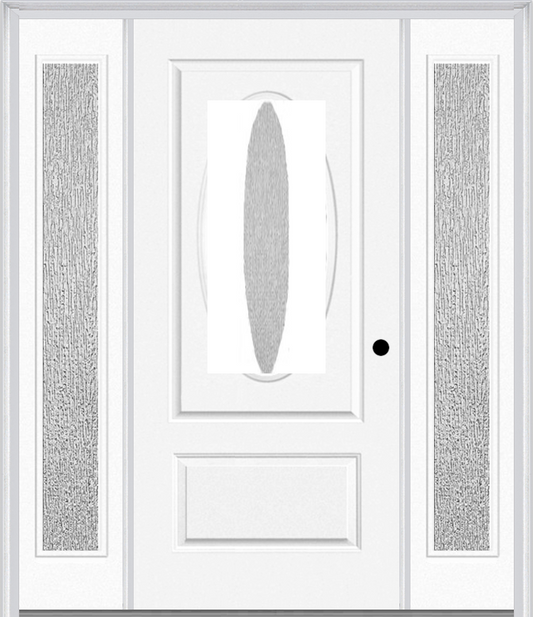 MMI SMALL OVAL 1 PANEL 3'0" X 6'8" RAIN LOW-E FIBERGLASS SMOOTH EXTERIOR PREHUNG DOOR WITH 2 FULL LITE RAIN LOW-E GLASS SIDELIGHTS 950