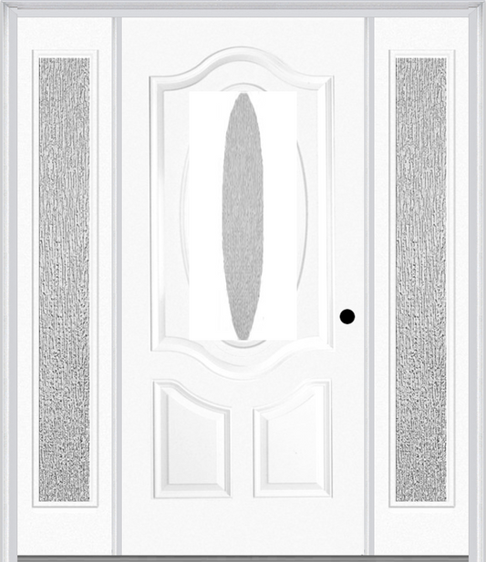 MMI SMALL OVAL 2 PANEL DELUXE 3'0" X 6'8" RAIN LOW-E FIBERGLASS SMOOTH EXTERIOR PREHUNG DOOR WITH 2 FULL LITE RAIN LOW-E GLASS SIDELIGHTS 749