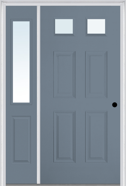 MMI 2-1/4 LITE 4 PANEL 3'0" X 6'8" FIBERGLASS SMOOTH EXTERIOR PREHUNG DOOR WITH 1 HALF LITE CLEAR GLASS SIDELIGHT 23