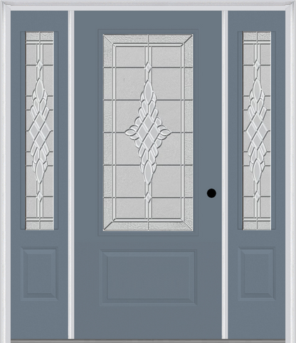 MMI 3/4 LITE 1 PANEL 6'8" FIBERGLASS SMOOTH GRACE NICKEL OR GRACE PATINA EXTERIOR PREHUNG DOOR WITH 2 GRACE NICKEL/PATINA 3/4 LITE DECORATIVE GLASS SIDELIGHTS 608