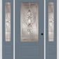 MMI 3/4 LITE 1 PANEL 6'8" FIBERGLASS SMOOTH HEIRLOOMS BRASS OR HEIRLOOMS SATIN NICKEL EXTERIOR PREHUNG DOOR WITH 2 HEIRLOOMS BRASS/SATIN NICKEL 3/4 LITE DECORATIVE GLASS SIDELIGHTS 608