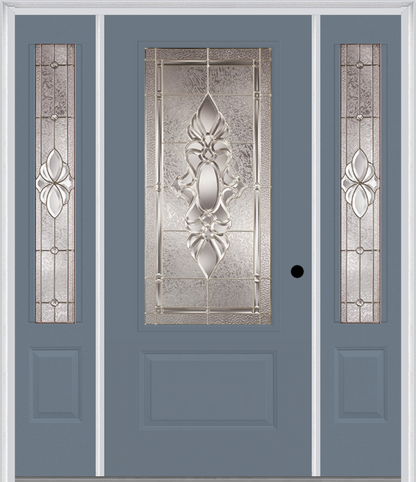 MMI 3/4 LITE 1 PANEL 6'8" FIBERGLASS SMOOTH HEIRLOOMS BRASS OR HEIRLOOMS SATIN NICKEL EXTERIOR PREHUNG DOOR WITH 2 HEIRLOOMS BRASS/SATIN NICKEL 3/4 LITE DECORATIVE GLASS SIDELIGHTS 608