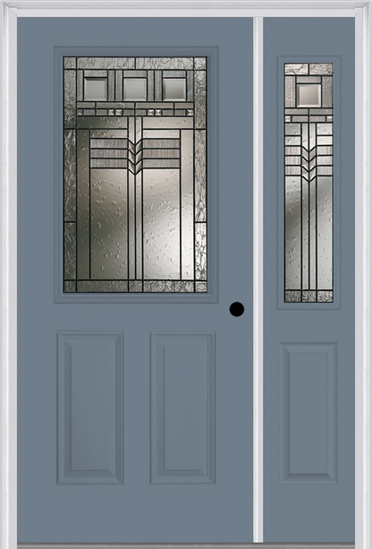 MMI 1/2 LITE 2 PANEL 6'8" FIBERGLASS SMOOTH OAK PARK PATINA EXTERIOR PREHUNG DOOR WITH 1 HALF LITE OAK PARK PATINA DECORATIVE GLASS SIDELIGHT 684