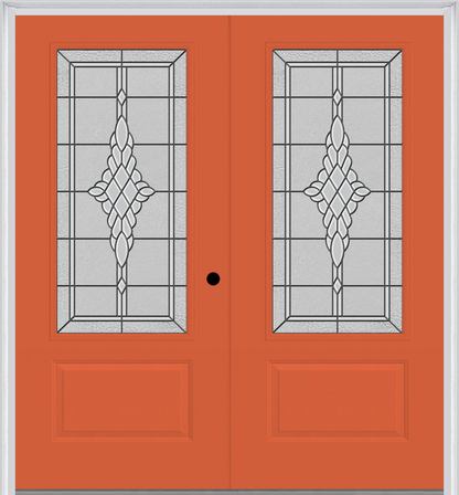 MMI TWIN/DOUBLE 3/4 LITE 1 PANEL 6'0" X 6'8" FIBERGLASS SMOOTH GRACE NICKEL OR GRACE PATINA DECORATIVE GLASS EXTERIOR PREHUNG DOOR 608