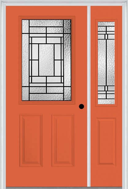 MMI 1/2 LITE 2 PANEL 6'8" FIBERGLASS SMOOTH PEMBROOK PATINA EXTERIOR PREHUNG DOOR WITH 1 HALF LITE PEMBROOK PATINA DECORATIVE GLASS SIDELIGHT 684