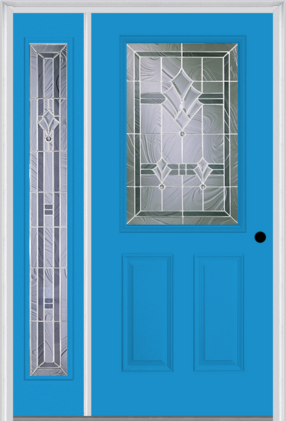 MMI 1/2 LITE 2 PANEL 6'8" FIBERGLASS SMOOTH RADIANT HUES NICKEL EXTERIOR PREHUNG DOOR WITH 1 FULL LITE RADIANT HUES NICKEL DECORATIVE GLASS SIDELIGHT 684