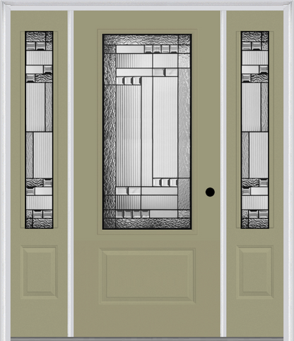 MMI 3/4 LITE 1 PANEL 6'8" FIBERGLASS SMOOTH METRO PATINA EXTERIOR PREHUNG DOOR WITH 2 METRO PATINA 3/4 LITE DECORATIVE GLASS SIDELIGHTS 608