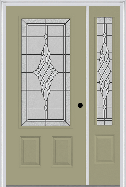 MMI 3/4 LITE 2 PANEL 6'8" FIBERGLASS SMOOTH GRACE NICKEL OR GRACE PATINA EXTERIOR PREHUNG DOOR WITH 1 GRACE NICKEL/PATINA 3/4 LITE DECORATIVE GLASS SIDELIGHT 607