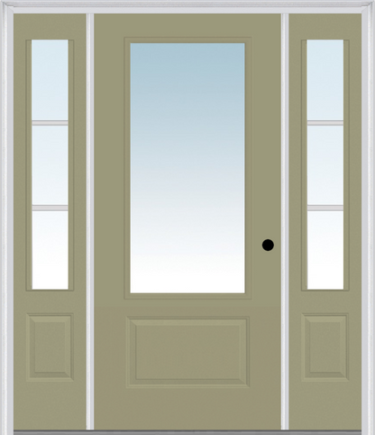 MMI 3/4 LITE 1 PANEL 3'0" X 6'8" FIBERGLASS SMOOTH EXTERIOR PREHUNG DOOR WITH 2 SDL GRILLES 3/4 LITE LOW-E GLASS SIDELIGHTS 608