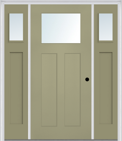 MMI CRAFTSMAN 2 PANEL SHAKER 3'0" X 6'8" FIBERGLASS SMOOTH LOW-E GLASS EXTERIOR PREHUNG DOOR WITH 2 CLEAR OR SDL 1/4 CRAFTSMAN LITE GLASS SIDELIGHTS 866, 867 SDL, OR 868 SDL