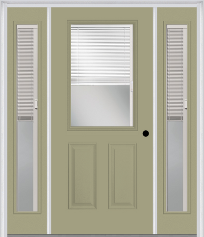 MMI 1/2 LITE 2 PANEL RAISE/LOWER BLINDS 3'0" X 6'8" FIBERGLASS SMOOTH EXTERIOR PREHUNG DOOR WITH 2 FULL LITE GLASS RAISE/LOWER BLINDS SIDELIGHTS 684 RLB 694 RLB