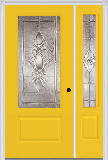 MMI 3/4 LITE 1 PANEL 3'0" X 6'8" FIBERGLASS SMOOTH HEIRLOOMS BRASS OR HEIRLOOMS SATIN NICKEL EXTERIOR PREHUNG DOOR WITH 1 HEIRLOOMS BRASS/SATIN NICKEL 3/4 LITE DECORATIVE GLASS SIDELIGHT 608