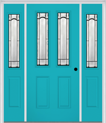 MMI 2-1/2 LITE 2 PANEL 6'8" FIBERGLASS SMOOTH SOLEIL PATINA EXTERIOR PREHUNG DOOR WITH 2 HALF LITE SOLEIL PATINA DECORATIVE GLASS SIDELIGHTS 692