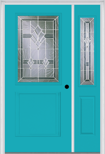 MMI 1/2 LITE 1 PANEL 6'8" FIBERGLASS SMOOTH RADIANT HUES NICKEL EXTERIOR PREHUNG DOOR WITH 1 HALF LITE RADIANT HUES NICKEL DECORATIVE GLASS SIDELIGHT 682