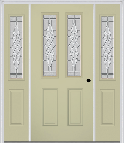 MMI 2-1/2 LITE 2 PANEL 6'8" FIBERGLASS SMOOTH GRACE NICKEL OR GRACE PATINA EXTERIOR PREHUNG DOOR WITH 2 HALF LITE GRACE NICKEL/PATINA DECORATIVE GLASS SIDELIGHTS 692