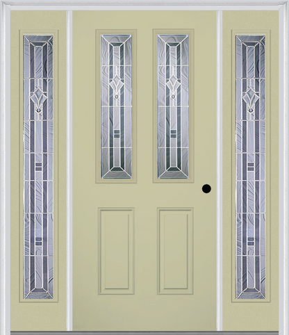 MMI 2-1/2 LITE 2 PANEL 6'8" FIBERGLASS SMOOTH RADIANT HUES NICKEL EXTERIOR PREHUNG DOOR WITH 2 FULL LITE RADIANT HUES NICKEL DECORATIVE GLASS SIDELIGHTS 692