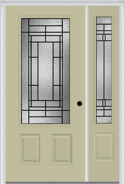 MMI 3/4 LITE 2 PANEL 6'8" FIBERGLASS SMOOTH PEMBROOK PATINA EXTERIOR PREHUNG DOOR WITH 1 PEMBROOK PATINA 3/4 LITE DECORATIVE GLASS SIDELIGHT 607