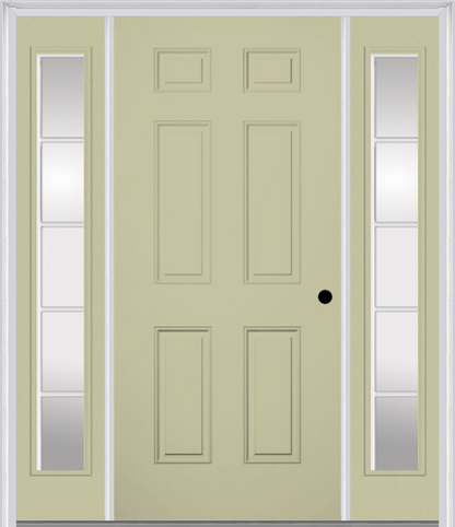 MMI 6 PANEL 3'0" X 6'8" FIBERGLASS SMOOTH EXTERIOR PREHUNG DOOR WITH 2 FULL LITE SDL GRILLES GLASS SIDELIGHTS 21