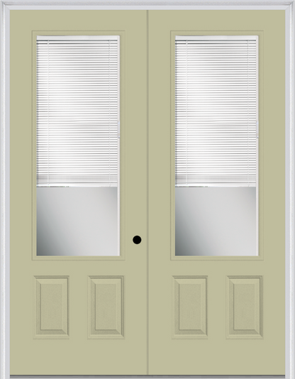 MMI TWIN/DOUBLE 3/4 LITE 2 PANEL RAISE/LOWER BLINDS 6'0" X 8'0" FIBERGLASS SMOOTH CLEAR GLASS WHITE GRILLES BETWEEN GLASS EXTERIOR PREHUNG DOOR 759 RLB GBG