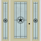 MMI FULL LITE 6'8" FIBERGLASS SMOOTH ELEGANT STAR WROUGHT IRON EXTERIOR PREHUNG DOOR WITH 2 FULL LITE ELEGANT STAR WROUGHT IRON DECORATIVE GLASS SIDELIGHTS 686