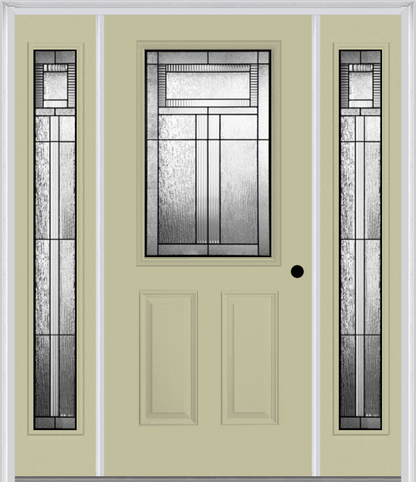 MMI 1/2 LITE 2 PANEL 6'8" FIBERGLASS SMOOTH ROYAL PATINA EXTERIOR PREHUNG DOOR WITH 2 FULL LITE ROYAL PATINA DECORATIVE GLASS SIDELIGHTS 684