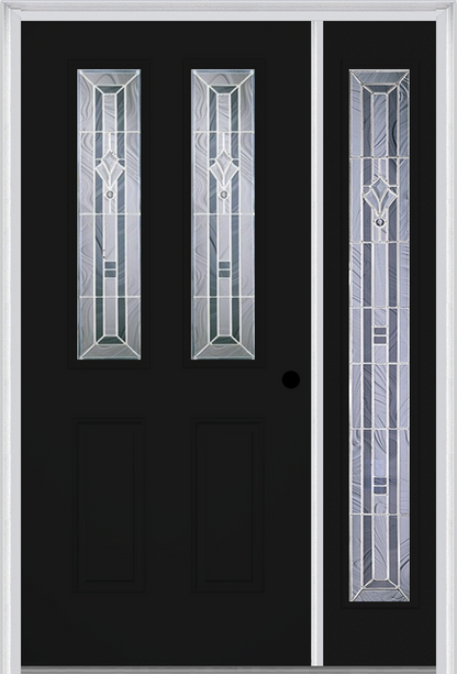 MMI 2-1/2 LITE 2 PANEL 6'8" FIBERGLASS SMOOTH RADIANT HUES NICKEL EXTERIOR PREHUNG DOOR WITH 1 FULL LITE RADIANT HUES NICKEL DECORATIVE GLASS SIDELIGHT 692