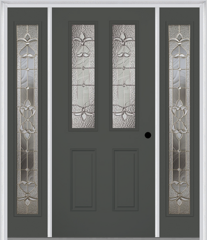 MMI 2-1/2 LITE 2 PANEL 6'8" FIBERGLASS SMOOTH EXPRESSIONS SATIN NICKEL EXTERIOR PREHUNG DOOR WITH 2 FULL LITE EXPRESSIONS SATIN NICKEL DECORATIVE GLASS SIDELIGHTS 692