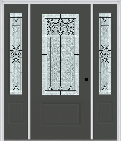 MMI 3/4 LITE 1 PANEL 6'8" FIBERGLASS SMOOTH SELWYN PATINA EXTERIOR PREHUNG DOOR WITH 2 SELWYN PATINA 3/4 LITE DECORATIVE GLASS SIDELIGHTS 608