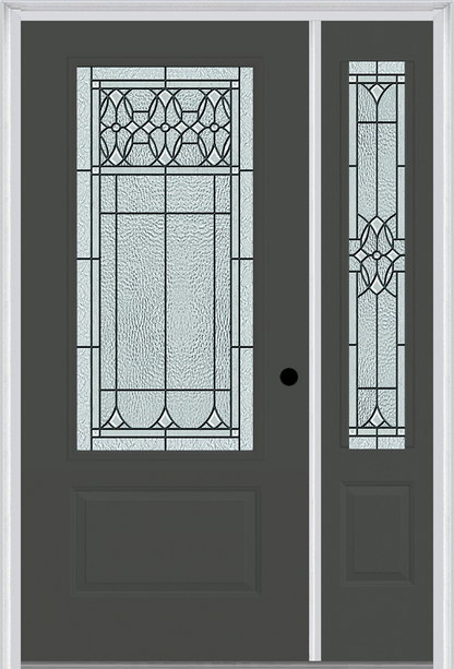 MMI 3/4 LITE 1 PANEL 6'8" FIBERGLASS SMOOTH SELWYN PATINA EXTERIOR PREHUNG DOOR WITH 1 SELWYN PATINA 3/4 LITE DECORATIVE GLASS SIDELIGHT 608