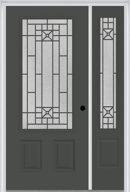 MMI 3/4 LITE 2 PANEL 6'8" FIBERGLASS SMOOTH COURTYARD NICKEL VEIN WROUGHT IRON EXTERIOR PREHUNG DOOR WITH 1 COURTYARD NICKEL VEIN WROUGHT IRON 3/4 LITE DECORATIVE GLASS SIDELIGHT 607