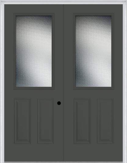 MMI TWIN/DOUBLE 1/2 LITE 2 PANEL 6'0" X 8'0" FIBERGLASS SMOOTH TEXTURED/PRIVACY GLASS EXTERIOR PREHUNG DOOR 906