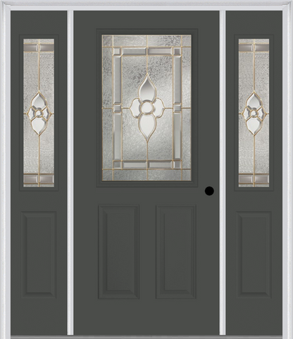 MMI 1/2 LITE 2 PANEL 6'8" FIBERGLASS SMOOTH NOUVEAU BRASS, NOUVEAU NICKEL, OR NOUVEAU PATINA EXTERIOR PREHUNG DOOR WITH 2 HALF LITE NOUVEAU BRASS/NICKEL/PATINA DECORATIVE GLASS SIDELIGHTS 684