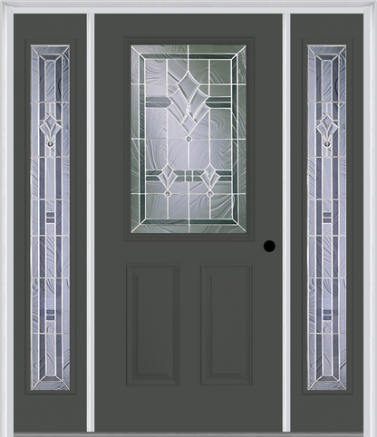 MMI 1/2 LITE 2 PANEL 6'8" FIBERGLASS SMOOTH RADIANT HUES NICKEL EXTERIOR PREHUNG DOOR WITH 2 FULL LITE RADIANT HUES NICKEL DECORATIVE GLASS SIDELIGHTS 684