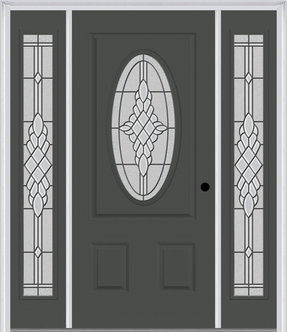 MMI SMALL OVAL 2 PANEL 6'8" FIBERGLASS SMOOTH GRACE NICKEL OR GRACE PATINA EXTERIOR PREHUNG DOOR WITH 2 FULL LITE GRACE NICKEL/PATINA DECORATIVE GLASS SIDELIGHTS 949