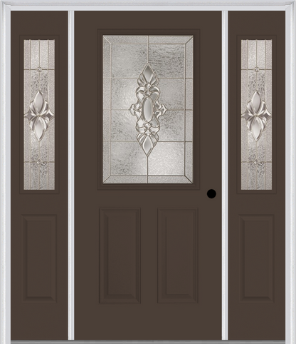 MMI 1/2 LITE 2 PANEL 6'8" FIBERGLASS SMOOTH HEIRLOOMS BRASS OR HEIRLOOMS SATIN NICKEL EXTERIOR PREHUNG DOOR WITH 2 HALF LITE HEIRLOOMS BRASS/SATIN NICKEL DECORATIVE GLASS SIDELIGHTS 684