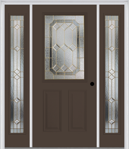 MMI 1/2 LITE 2 PANEL 6'8" FIBERGLASS SMOOTH MAJESTIC BRASS OR MAJESTIC NICKEL EXTERIOR PREHUNG DOOR WITH 2 FULL LITE MAJESTIC BRASS/NICKEL DECORATIVE GLASS SIDELIGHTS 684