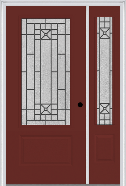 MMI 3/4 LITE 1 PANEL 6'8" FIBERGLASS SMOOTH COURTYARD NICKEL VEIN WROUGHT IRON EXTERIOR PREHUNG DOOR WITH 1 COURTYARD NICKEL VEIN WROUGHT IRON 3/4 LITE DECORATIVE GLASS SIDELIGHT 608