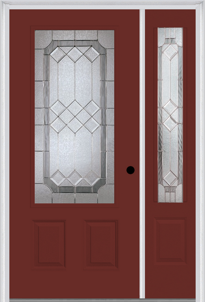 MMI 3/4 LITE 2 PANEL 6'8" FIBERGLASS SMOOTH MAJESTIC NICKEL EXTERIOR PREHUNG DOOR WITH 1 MAJESTIC NICKEL 3/4 LITE DECORATIVE GLASS SIDELIGHT 607