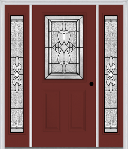 MMI 1/2 LITE 2 PANEL 6'8" FIBERGLASS SMOOTH JAMESTOWN PATINA EXTERIOR PREHUNG DOOR WITH 2 FULL LITE JAMESTOWN PATINA DECORATIVE GLASS SIDELIGHTS 684