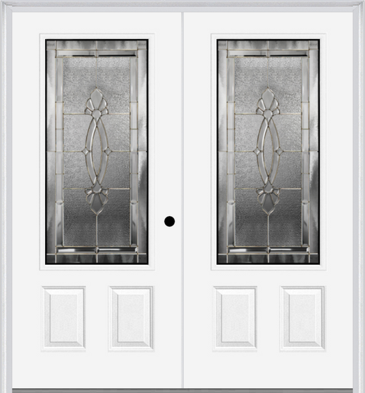 MMI TWIN/DOUBLE 3/4 LITE 2 PANEL 6'0" X 6'8" FIBERGLASS SMOOTH BELAIRE ZINC DECORATIVE GLASS EXTERIOR PREHUNG DOOR 607