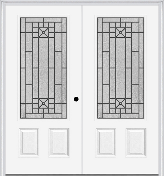 MMI TWIN/DOUBLE 3/4 LITE 2 PANEL 6'0" X 6'8" FIBERGLASS SMOOTH COURTYARD NICKEL VEIN WROUGHT IRON DECORATIVE GLASS EXTERIOR PREHUNG DOOR 607