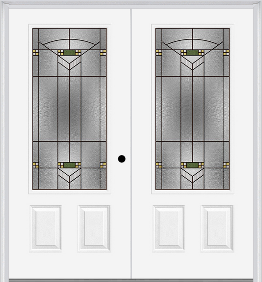 MMI TWIN/DOUBLE 3/4 LITE 2 PANEL 6'0" X 6'8" FIBERGLASS SMOOTH GREENFIELD OIL RUBBED BRONZE DECORATIVE GLASS EXTERIOR PREHUNG DOOR 607