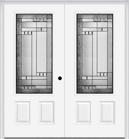 MMI TWIN/DOUBLE 3/4 LITE 2 PANEL 6'0" X 6'8" FIBERGLASS SMOOTH METRO PATINA DECORATIVE GLASS EXTERIOR PREHUNG DOOR 607