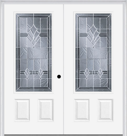 MMI TWIN/DOUBLE 3/4 LITE 2 PANEL 6'0" X 6'8" FIBERGLASS SMOOTH RADIANT HUES NICKEL DECORATIVE GLASS EXTERIOR PREHUNG DOOR 607