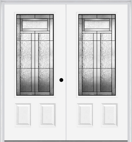 MMI TWIN/DOUBLE 3/4 LITE 2 PANEL 6'0" X 6'8" FIBERGLASS SMOOTH ROYAL PATINA DECORATIVE GLASS EXTERIOR PREHUNG DOOR 607